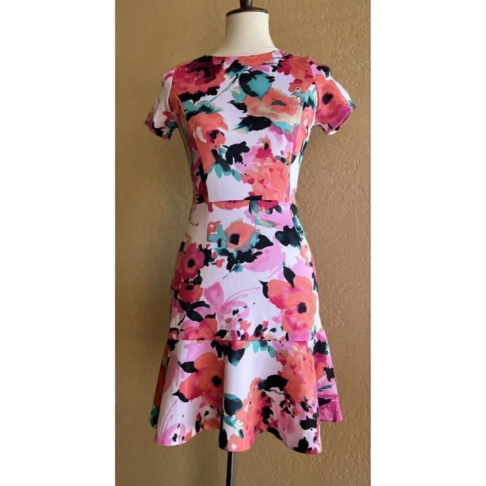 Love...ady Pink Floral Short Sleeve Ruffle Sheath Dress Size S NWOT - Picture 7 of 12